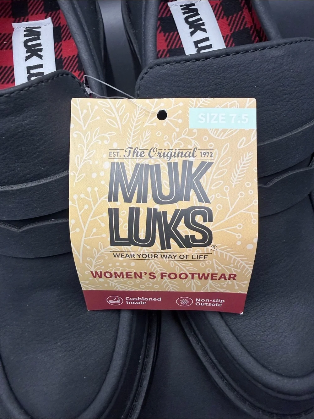Muk Luks - Black Lug Heel Penny Loafers with Red Plaid Lining